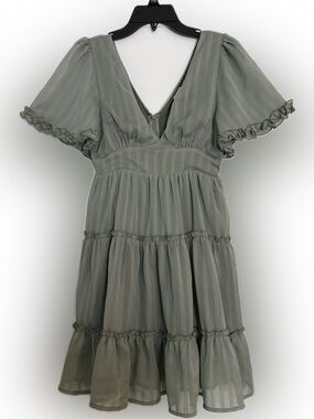 Peach Love California Sage Green Tiered V-Neck Mini Dress